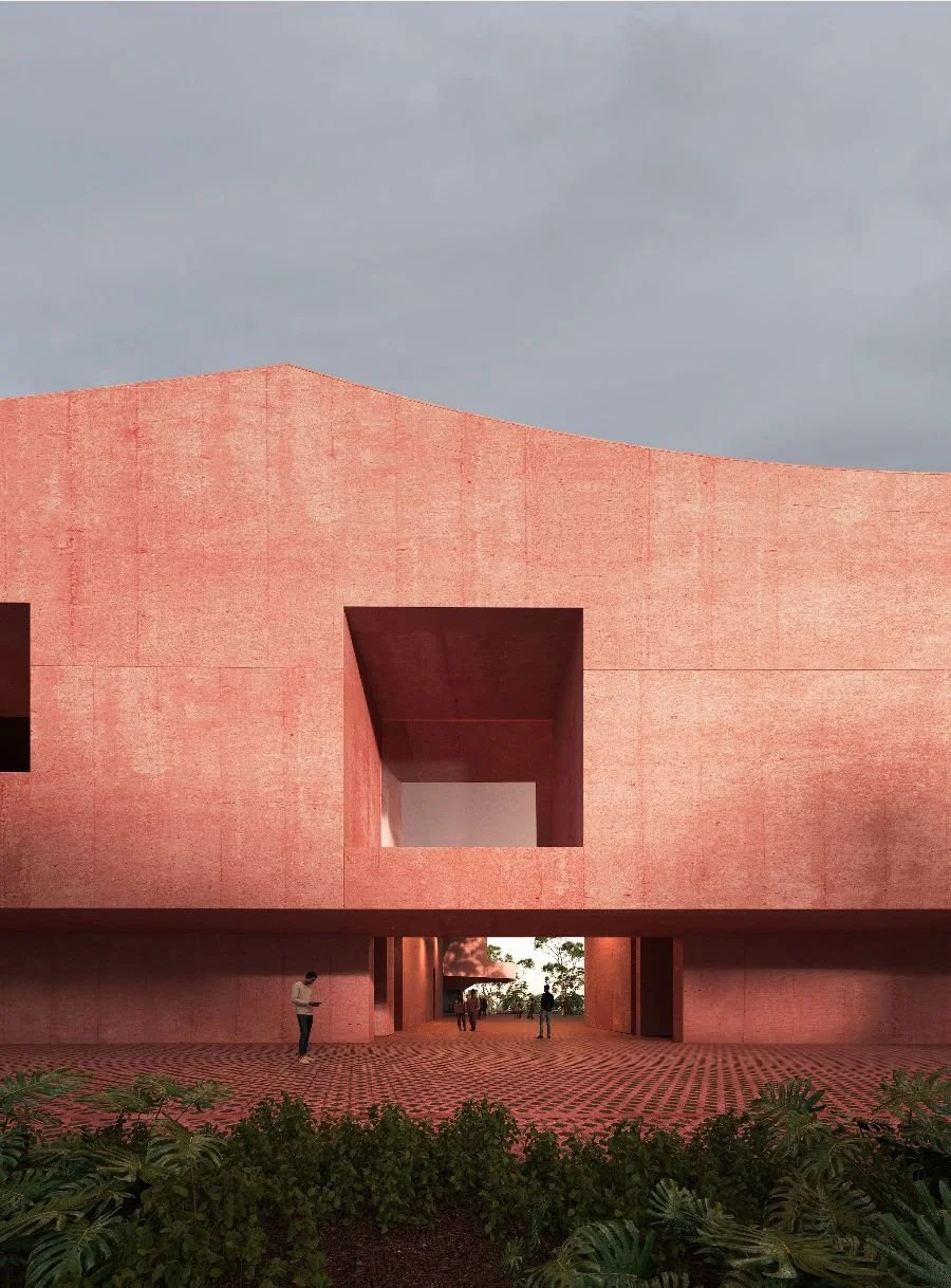 Render of Blacktown Cultural Centre's pink concrete facade, with a deep-set window and a framed entry at ground level