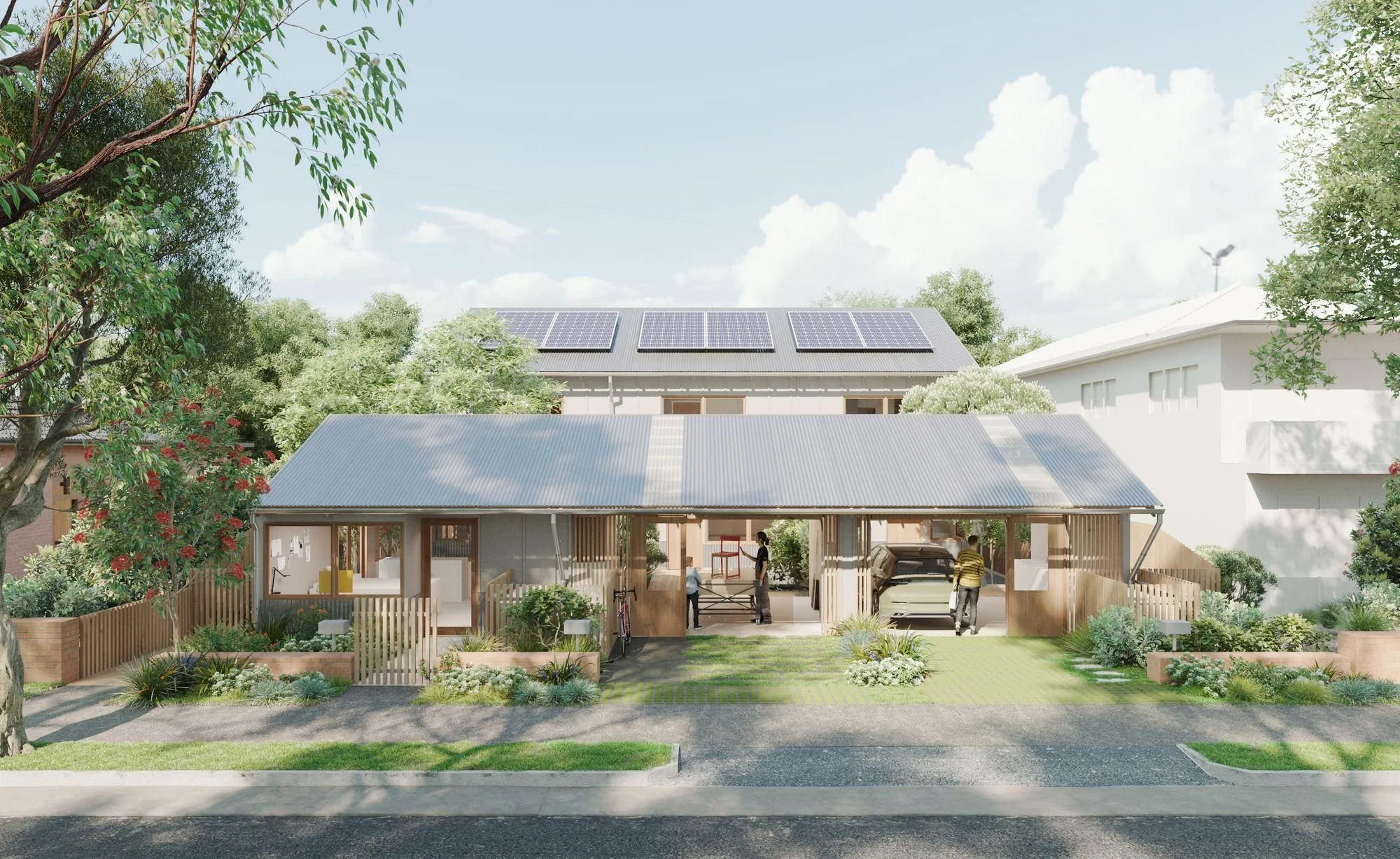 Render of the terrace row from the street, with single-storey fronts, two-storey forms behind and solar panels on the roof