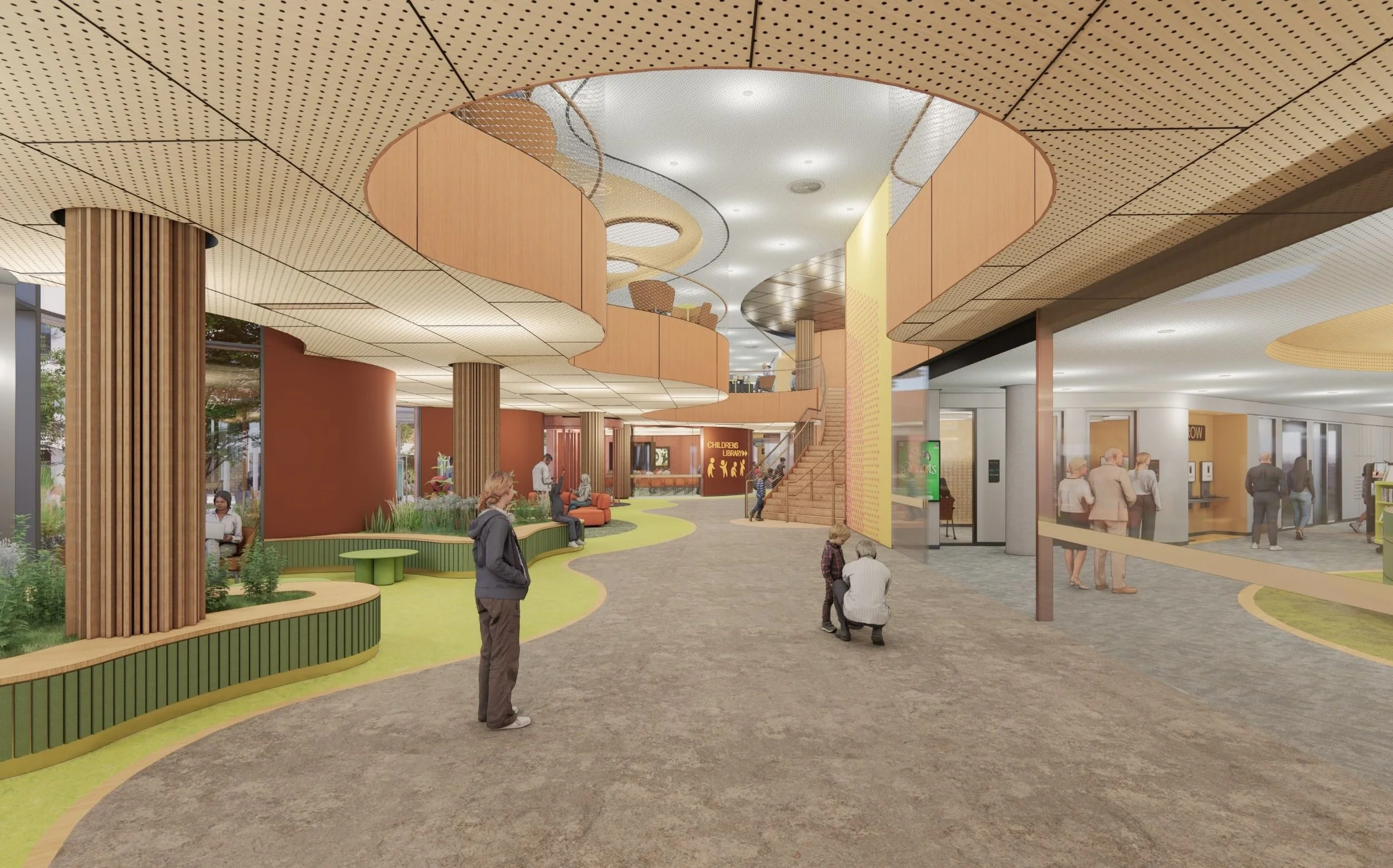 Render of an interior public space with a curved timber ceiling and circular openings, people moving through