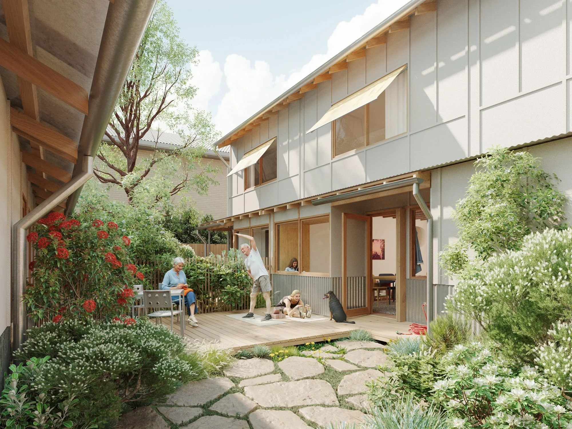 Render of a Breathing Room terrace from the back garden, with people relaxing on a stone-paved patio among lush planting