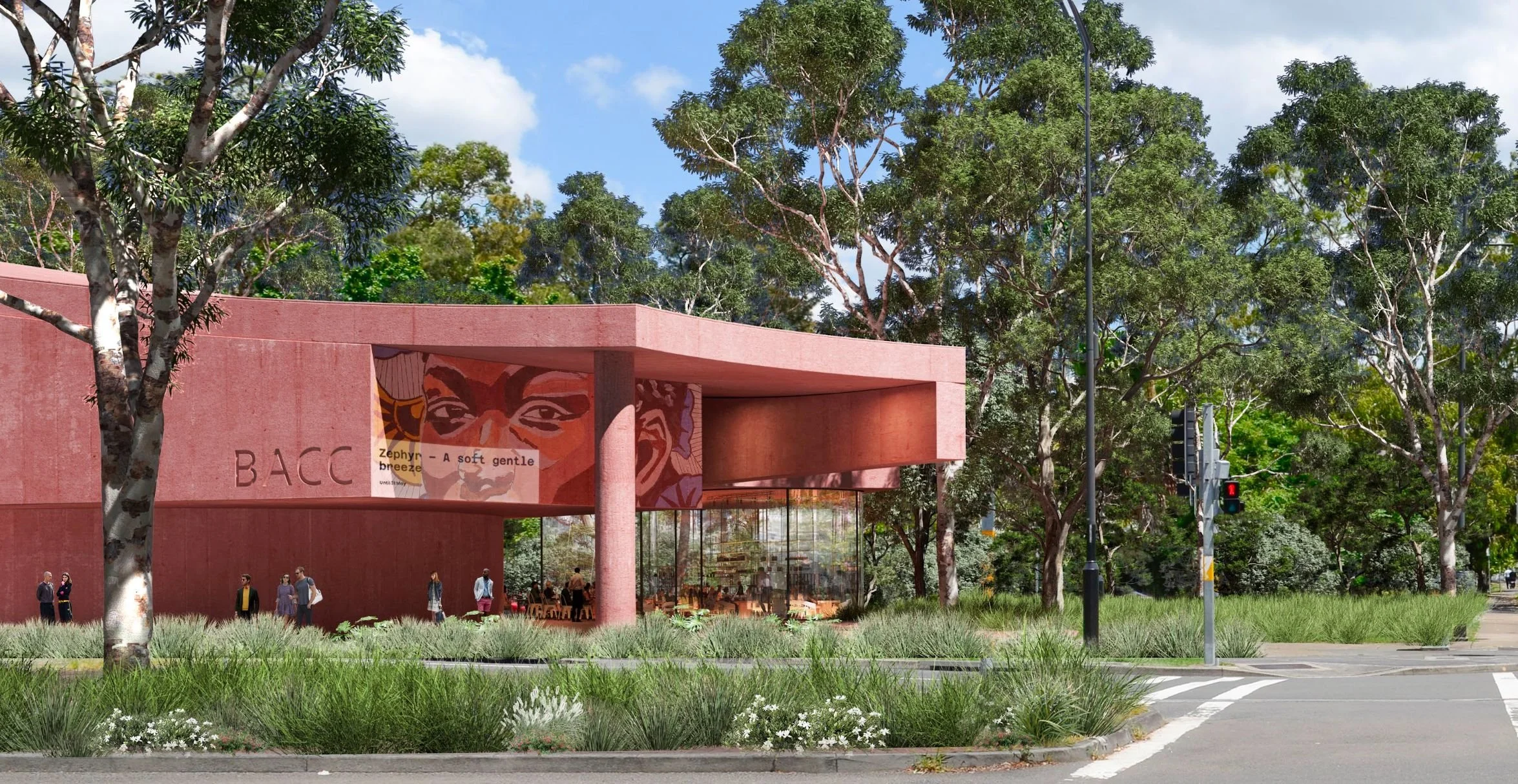 Red concrete pavilion with a large painted face mural, set among gum trees and native planting