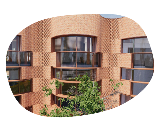 Glen Waverley Civic Precinct: curved brick facade with deep arched windows, framed by gum trees
