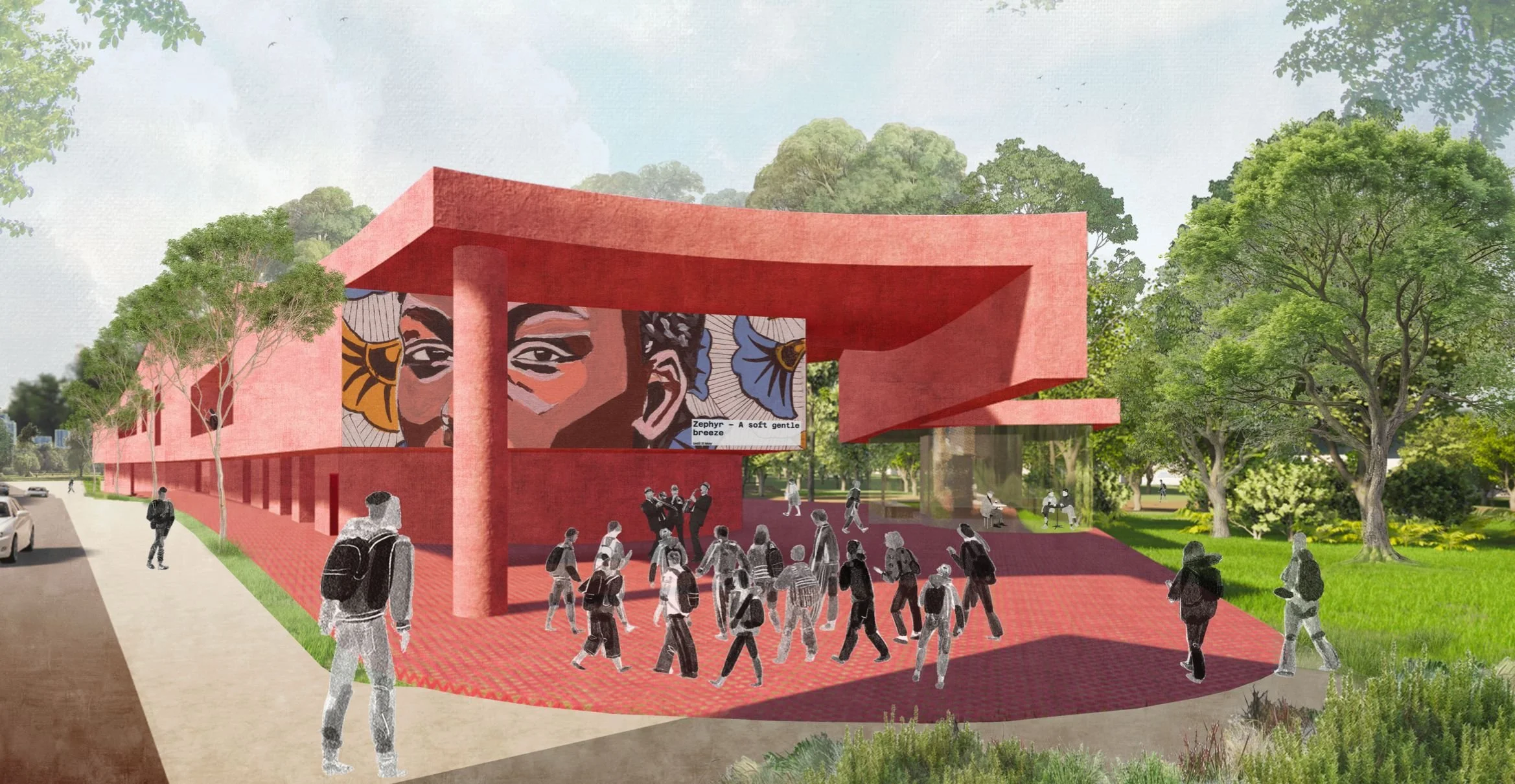 People gathering beneath a red concrete canopy featuring a large mural of eyes