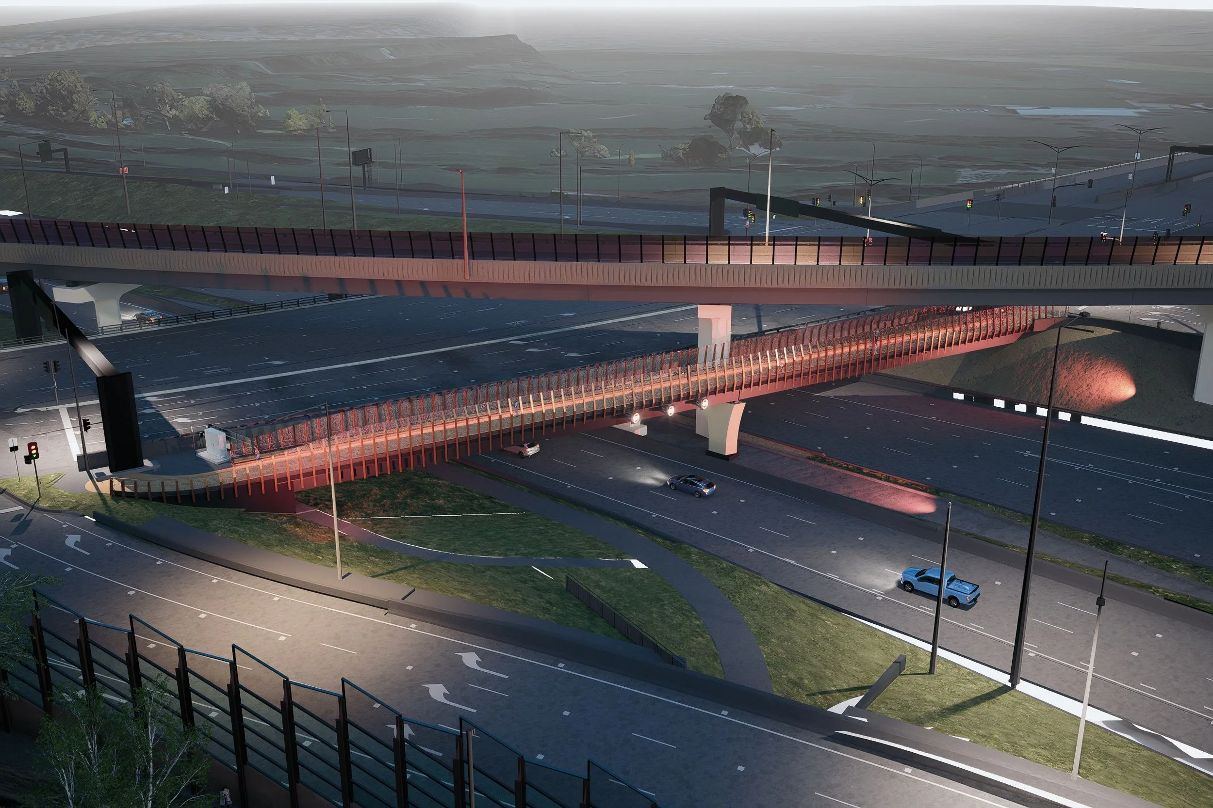 Render of a red pedestrian bridge crossing the freeway