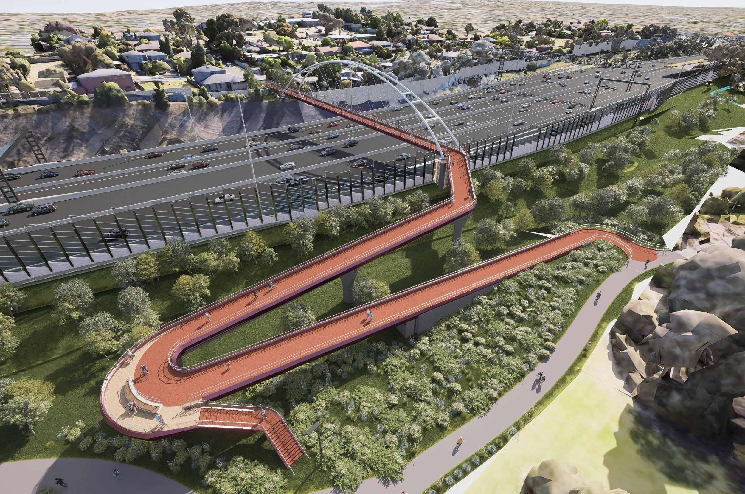 Aerial render of a red pedestrian bridge switching back over the freeway and a shared path