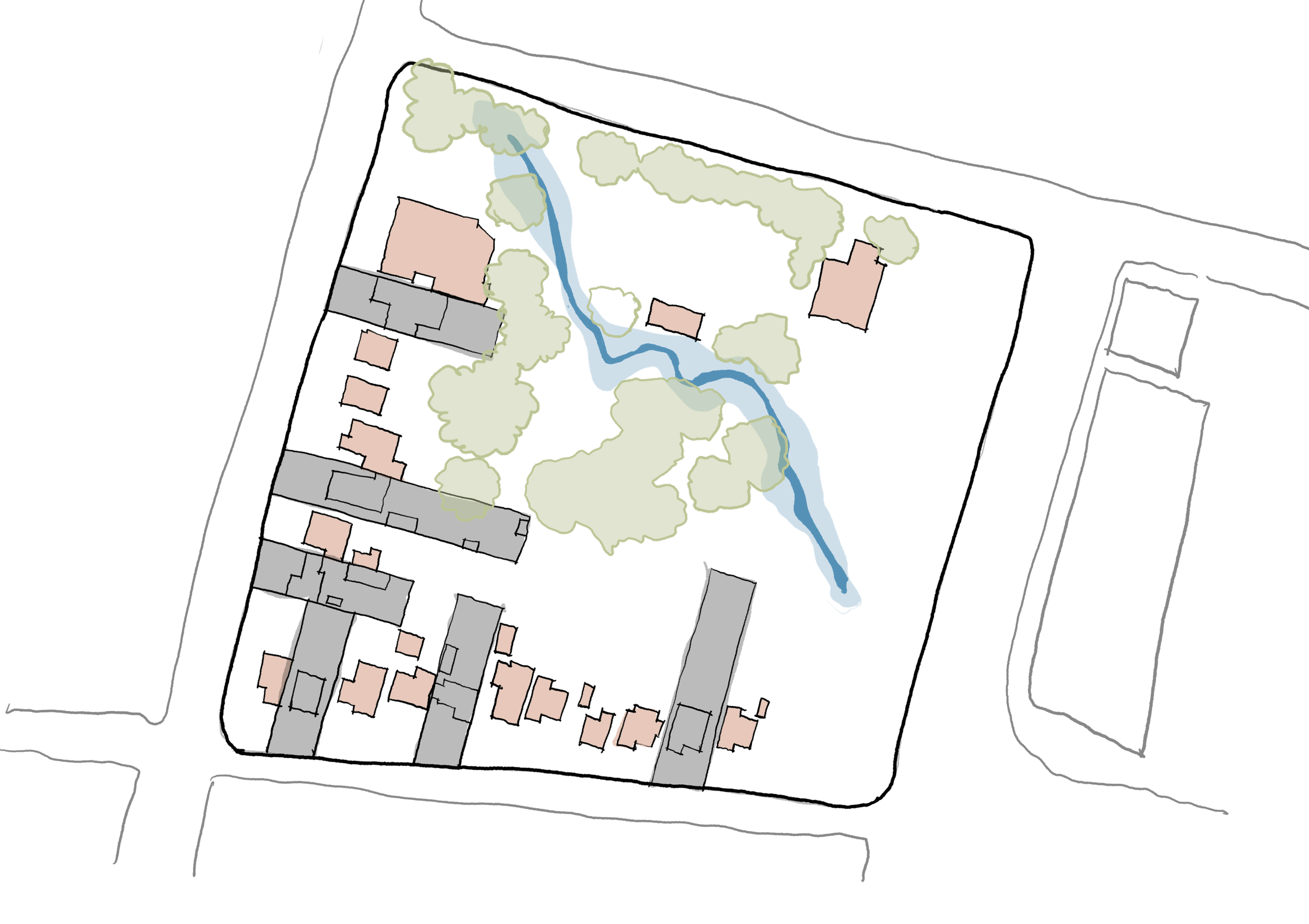 Site plan showing the centre's buildings, surrounding trees and a winding creek line