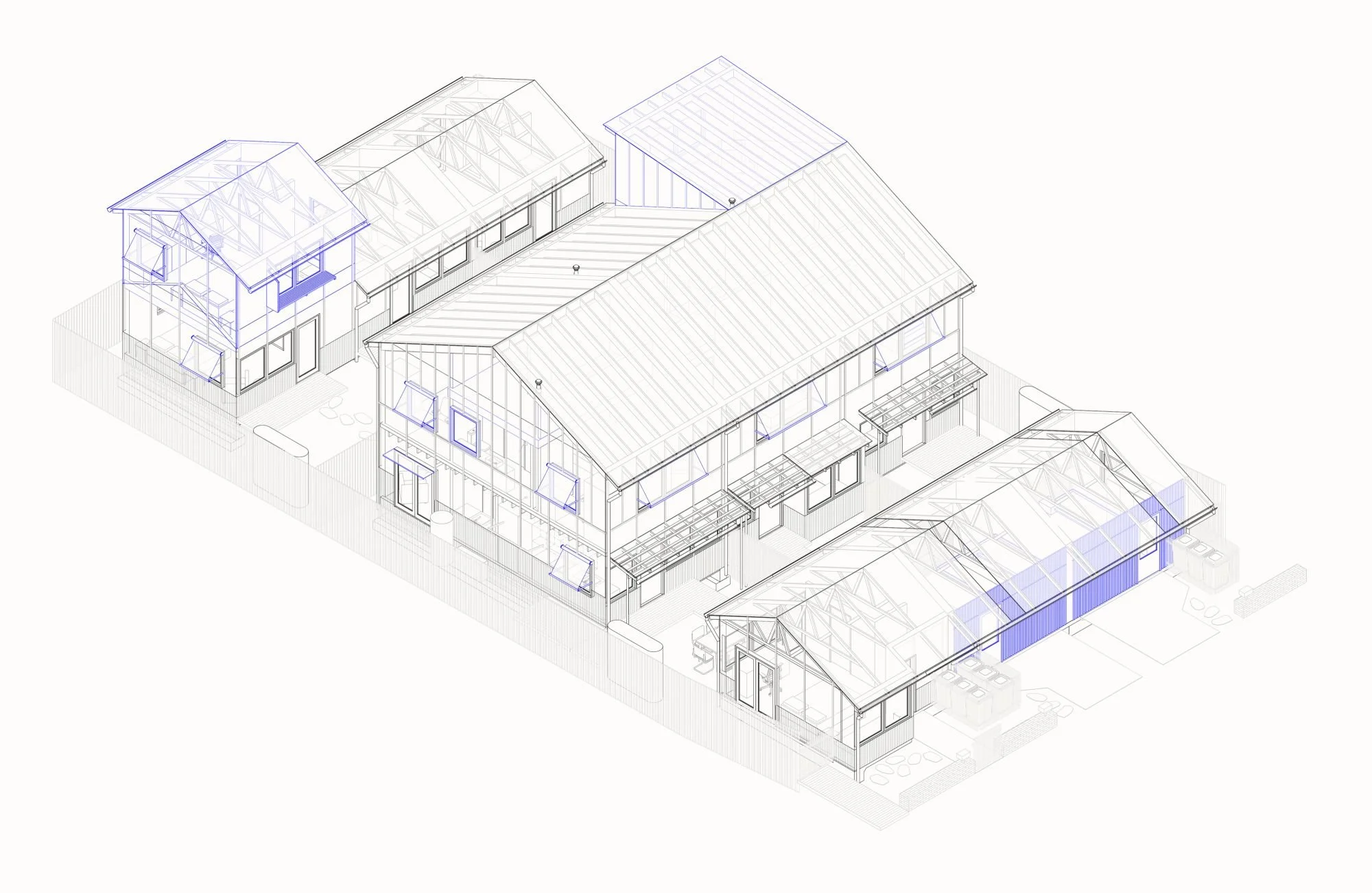 Line drawing of the terraces in 3D cutaway, showing rooms held between party walls