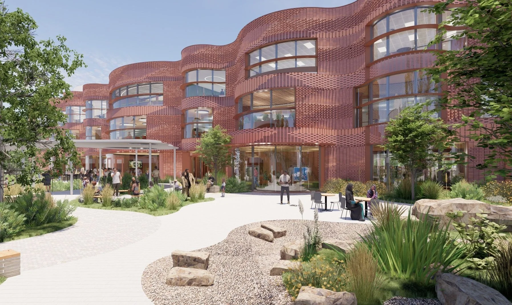 Render of the curved brick facade overlooking a landscaped courtyard with rocks, native planting and seating