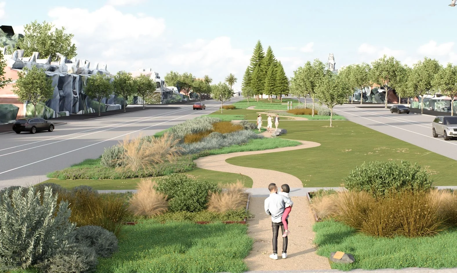 Render of a winding path through native meadow grasses and lawn alongside the boulevard, with two people walking