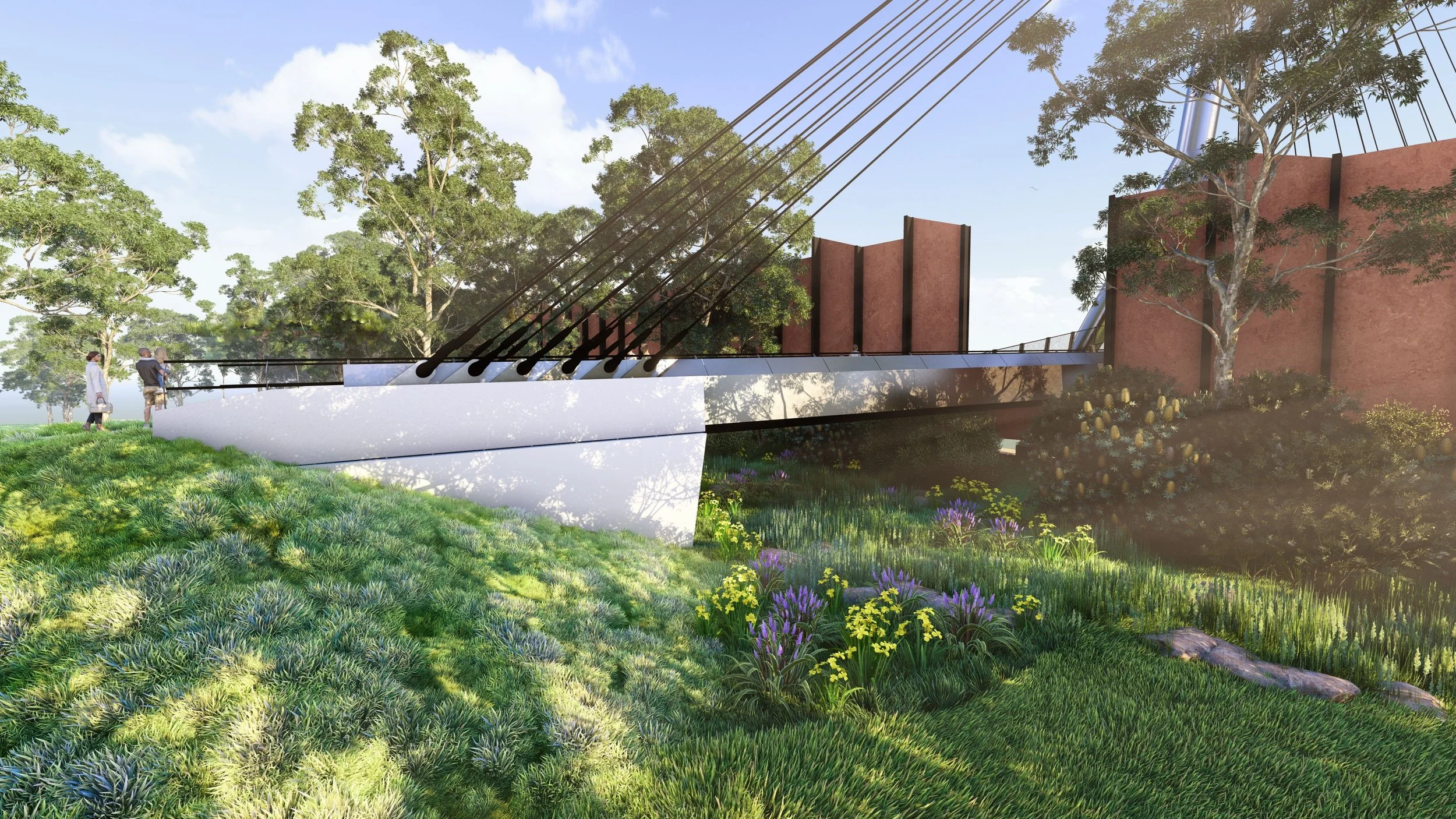 Render of a North East Link pedestrian bridge with angled cables and rust-red fins, above an embankment of wildflowers