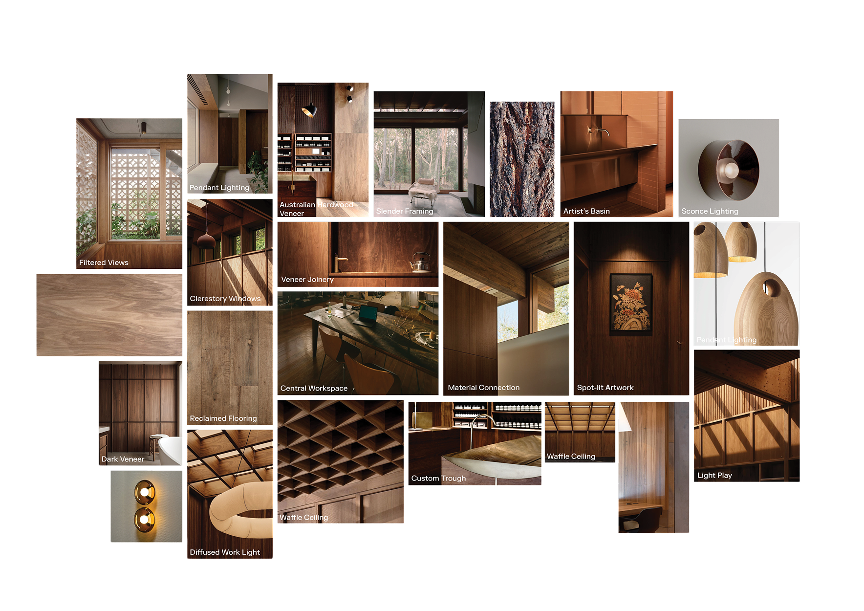 Mood board of darker interior references: timber joinery, patterned screens, warm lighting and textured surfaces
