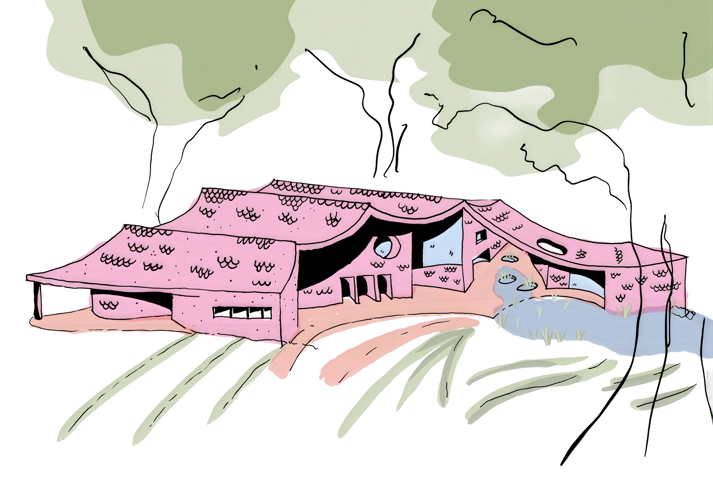 Coloured sketch of the pink building with a patterned facade, framed by loose green trees