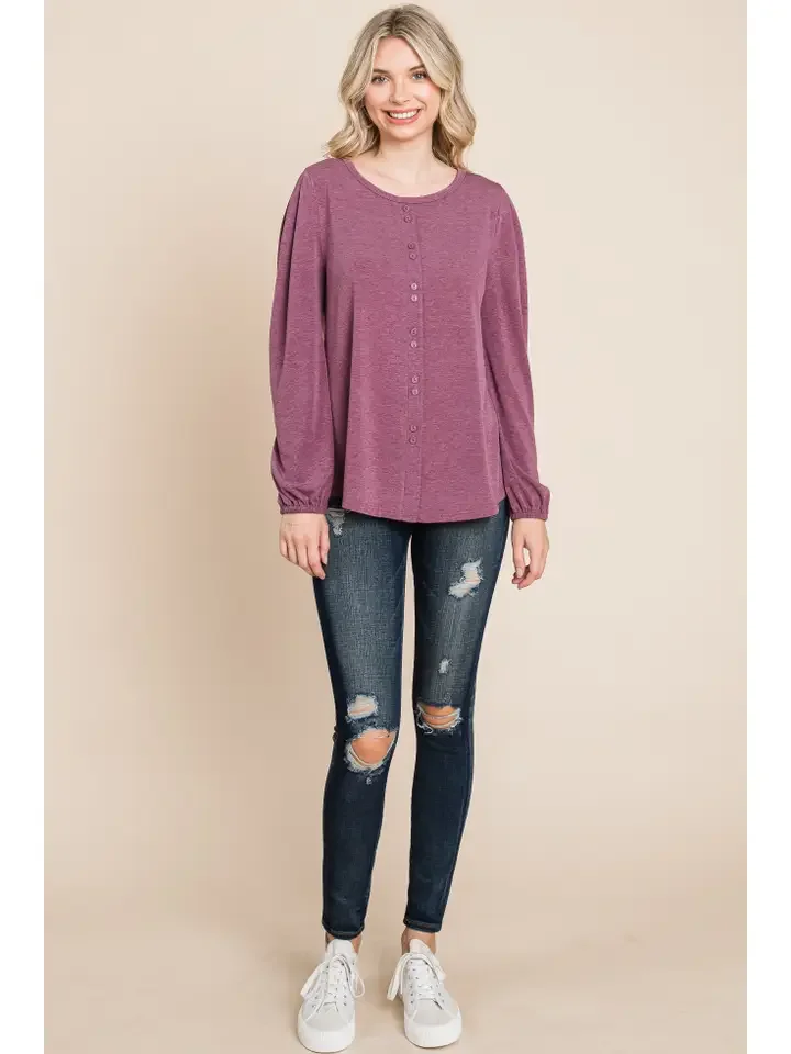 The Rosalie Top in plum with decorative button-front detail