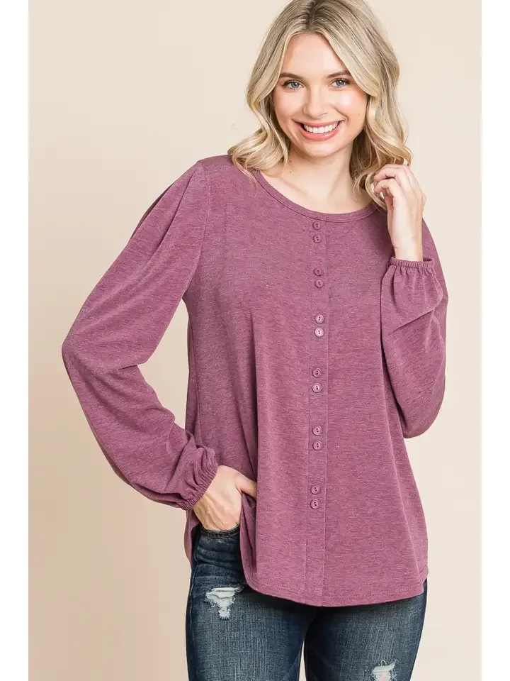 The Rosalie Top in plum with decorative button-front detail