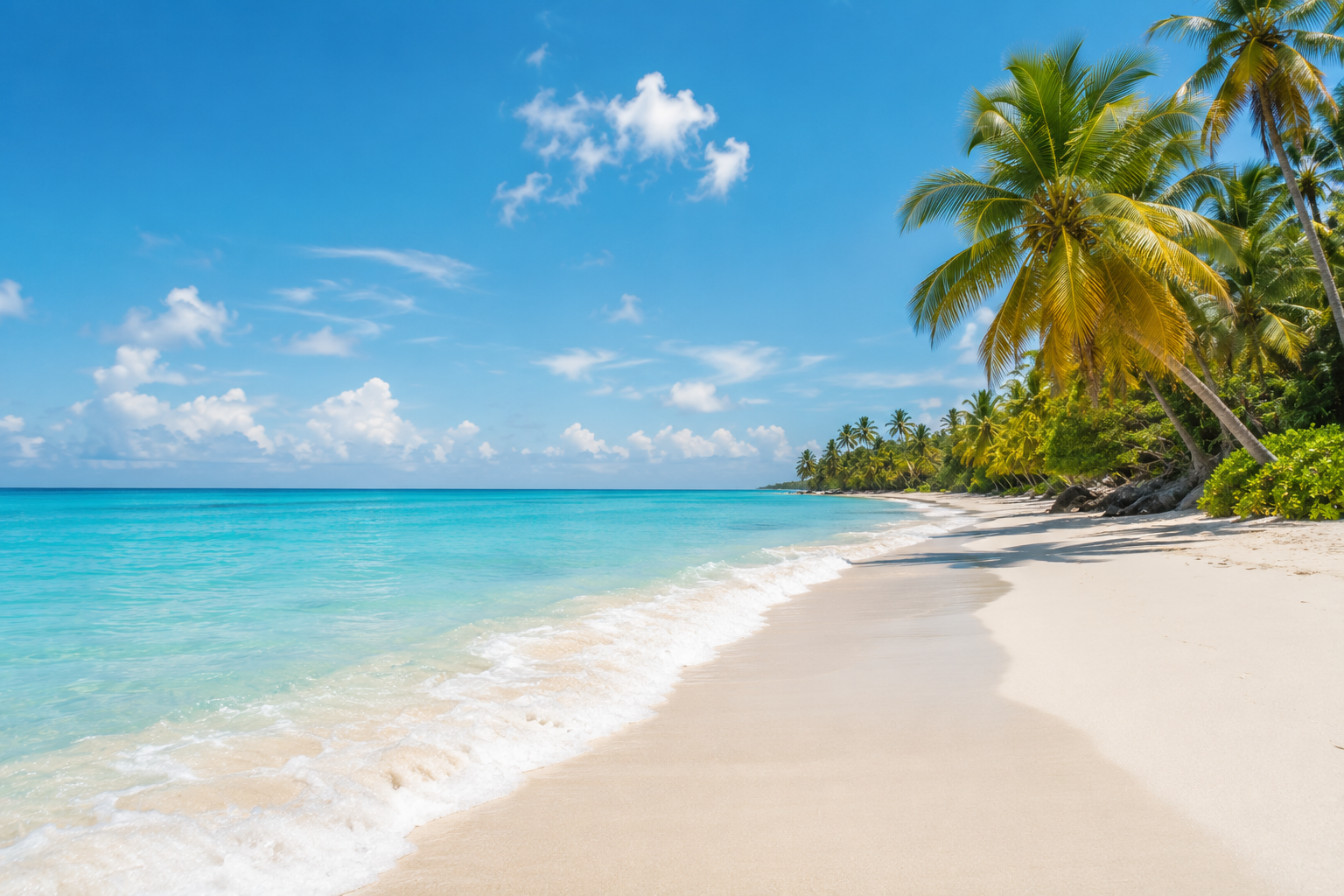 Tropical beach with white sand, turquoise water, and tall palm trees under a blue sky with scattered clouds.