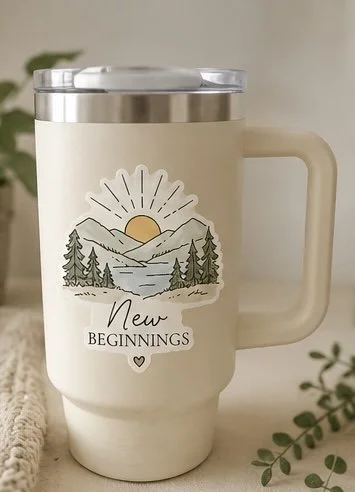 Cream-colored travel mug with a scenic mountain and forest design, featuring the words "New Beginnings" and a small heart.