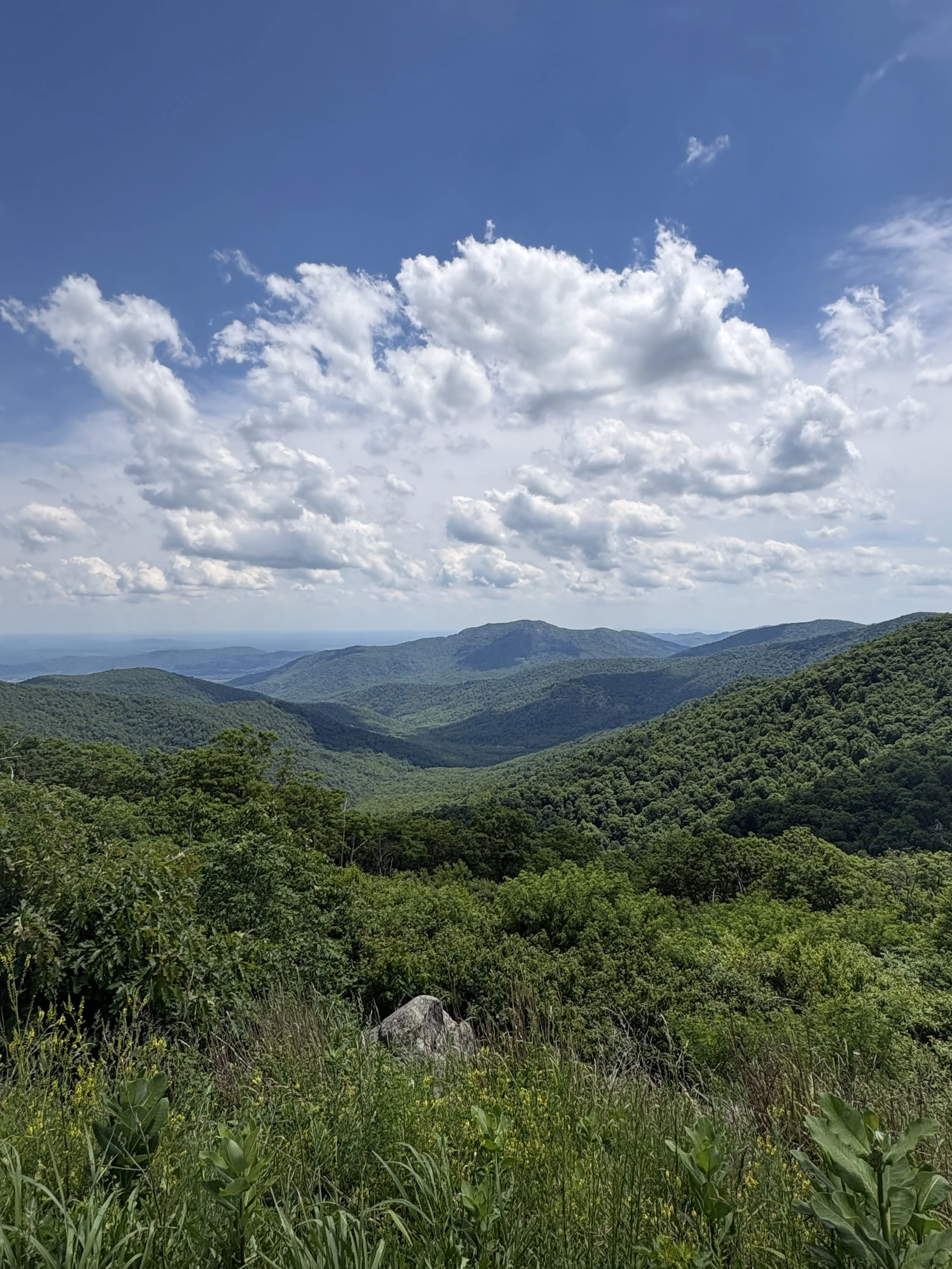 Scenic view of rolling green mountains under a partly cloudy sky in a rural area.