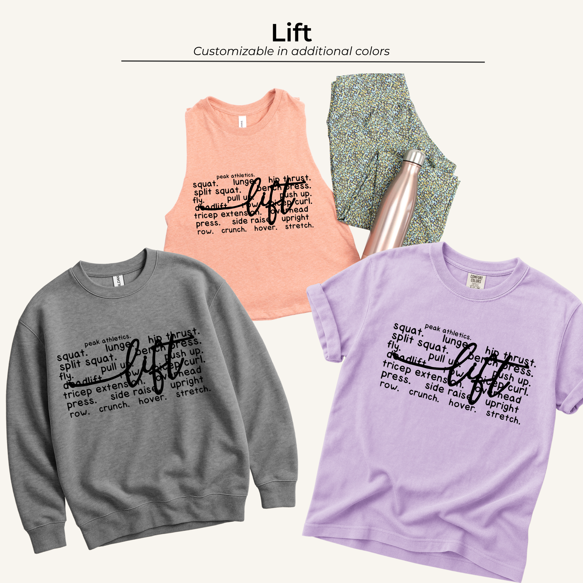 A display of colorful sweatshirts with repeated text overlays, including gray, peach, lavender, and multicolored patterned options.