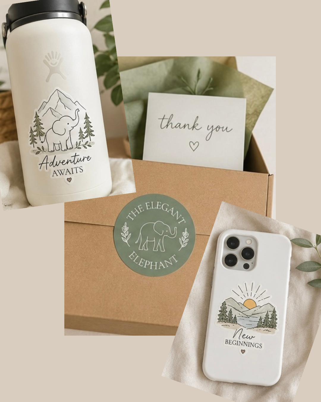 A collage of gifts including a white water bottle with a mountain, trees, and elephant illustration with the words "Adventure Awaits," a thank you card inside a box, a round sticker with an elephant illustration and the words "The Elegant Elephant," and a white phone case with a mountain scene and sunset with the words "New Beginnings."