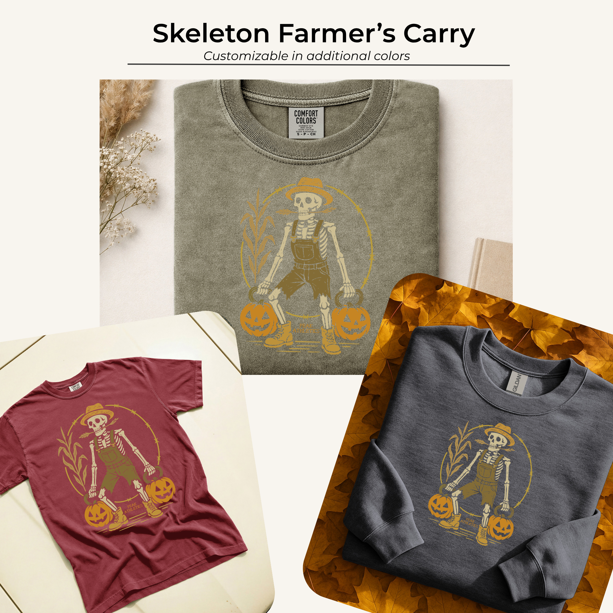 Display of three folded crewneck t-shirts in different colors with skeleton farmer graphic, placed on a surface with autumn leaves and textured background.