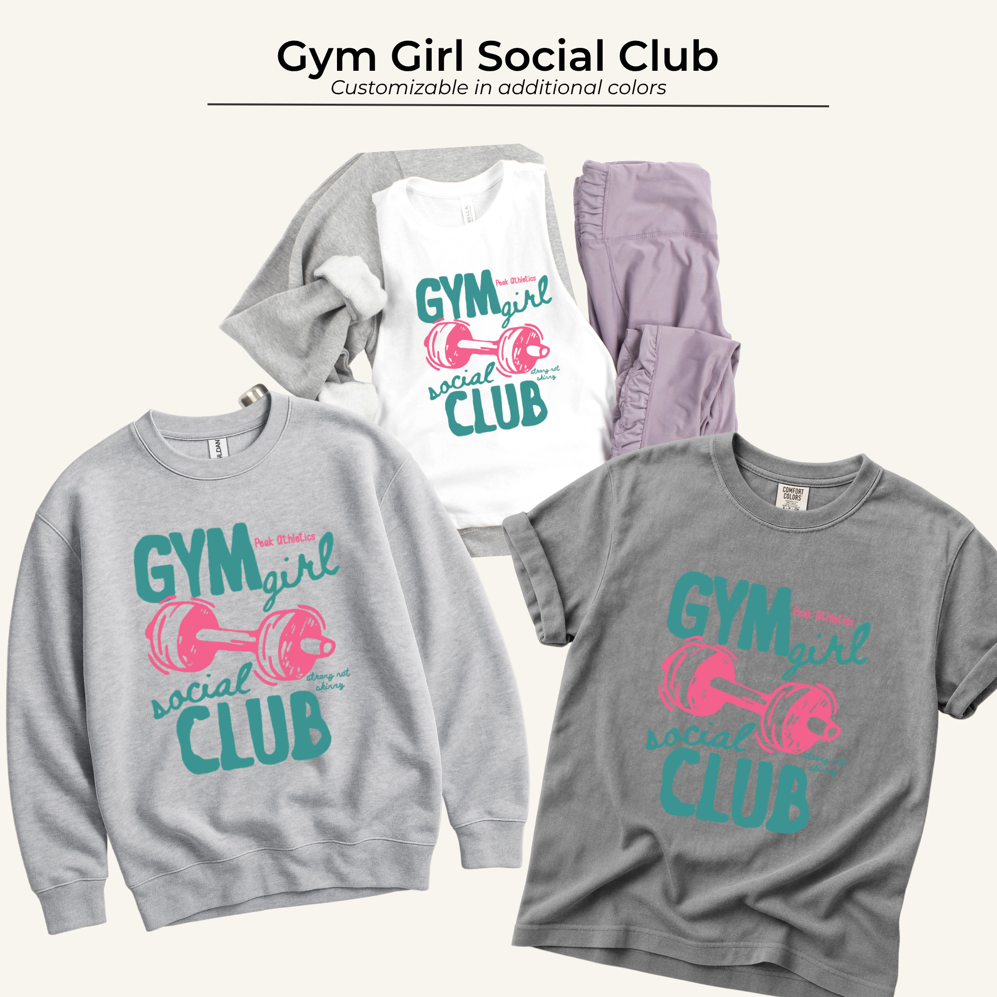 Gray sweatshirt, purple sweatpants, white T-shirt with teal and pink workout-themed text and graphics for gym girl social club, laid flat on a white background.