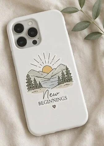 White phone case with a mountain and sunset illustration and the words 'New Beginnings' on a beige fabric surface with green leaves nearby.