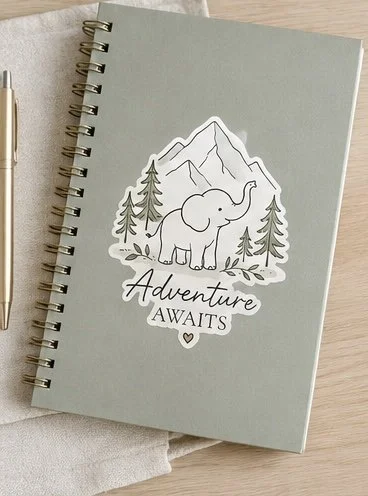 Gray notebook featuring a sticker of an elephant, trees, mountains, and the words 'Adventure Awaits' with a small heart