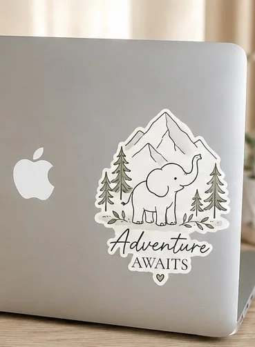 Decorative sticker of an elephant with mountains and trees in the background, and the text "Adventure Awaits" with a small heart.
