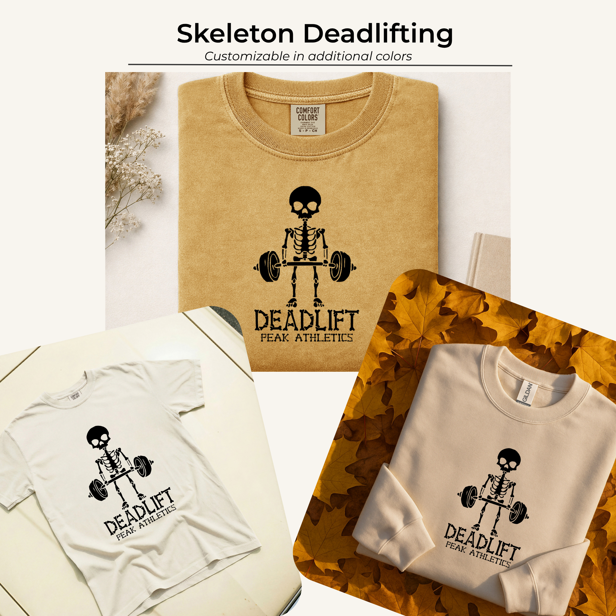 Two white t-shirts with a skeleton lifting a barbell logo and the words "Deadlift Peak Athletics", one on a white surface and the other on a bed of autumn leaves, with dried flowers nearby