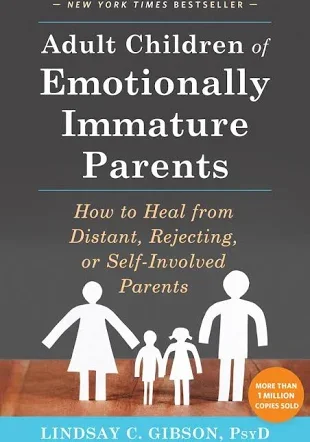 Book cover titled 'Adult Children of Emotionally Immature Parents' by Lindsay C. Gibson, PsyD, with a graphic of a parent's silhouette and three children standing on a wooden floor.