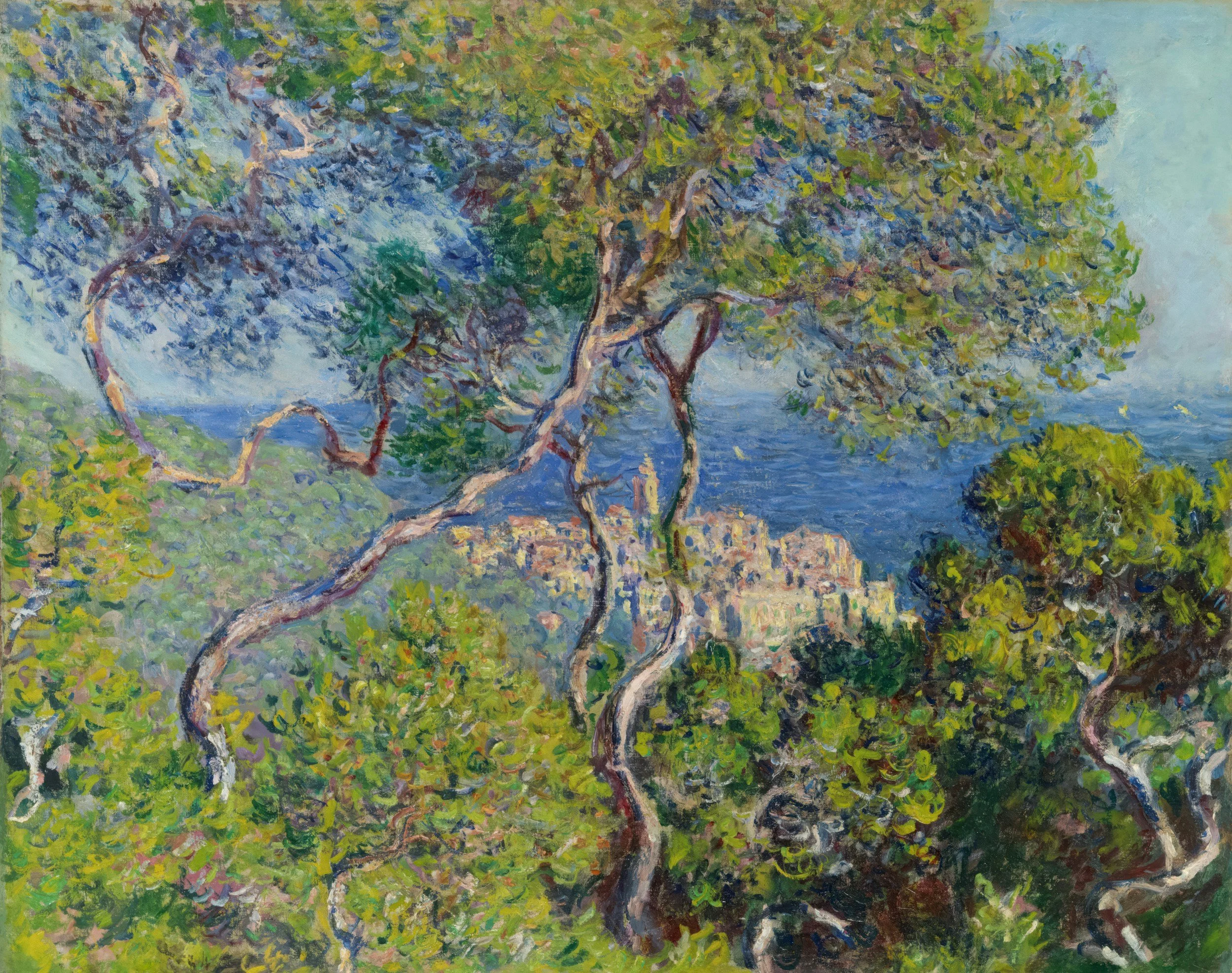 An impressionist painting of a tree with a thick trunk and sprawling branches, surrounded by lush greenery and a light blue sky.