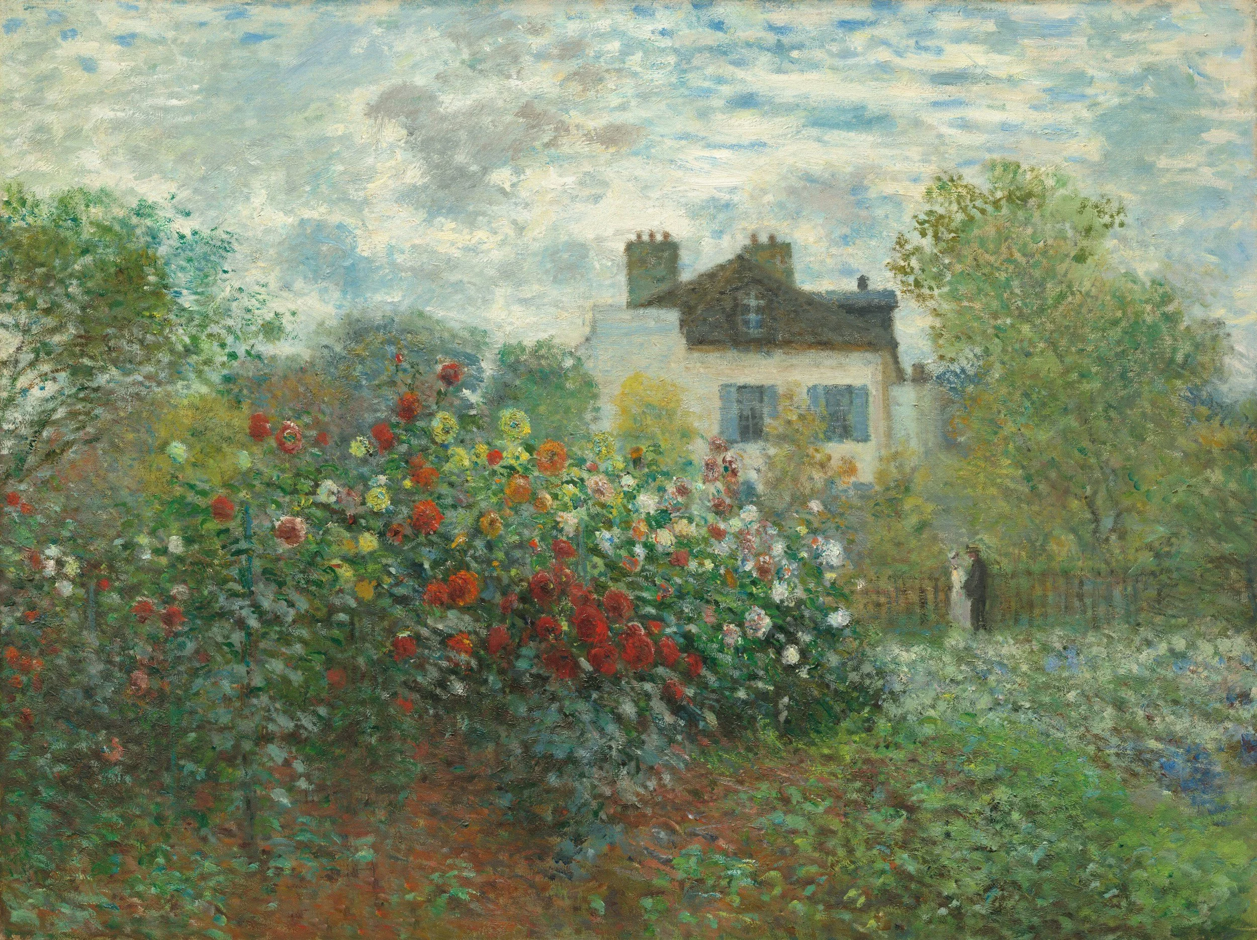 A painting of a house with a garden filled with colorful flowers, under a sky with light clouds.