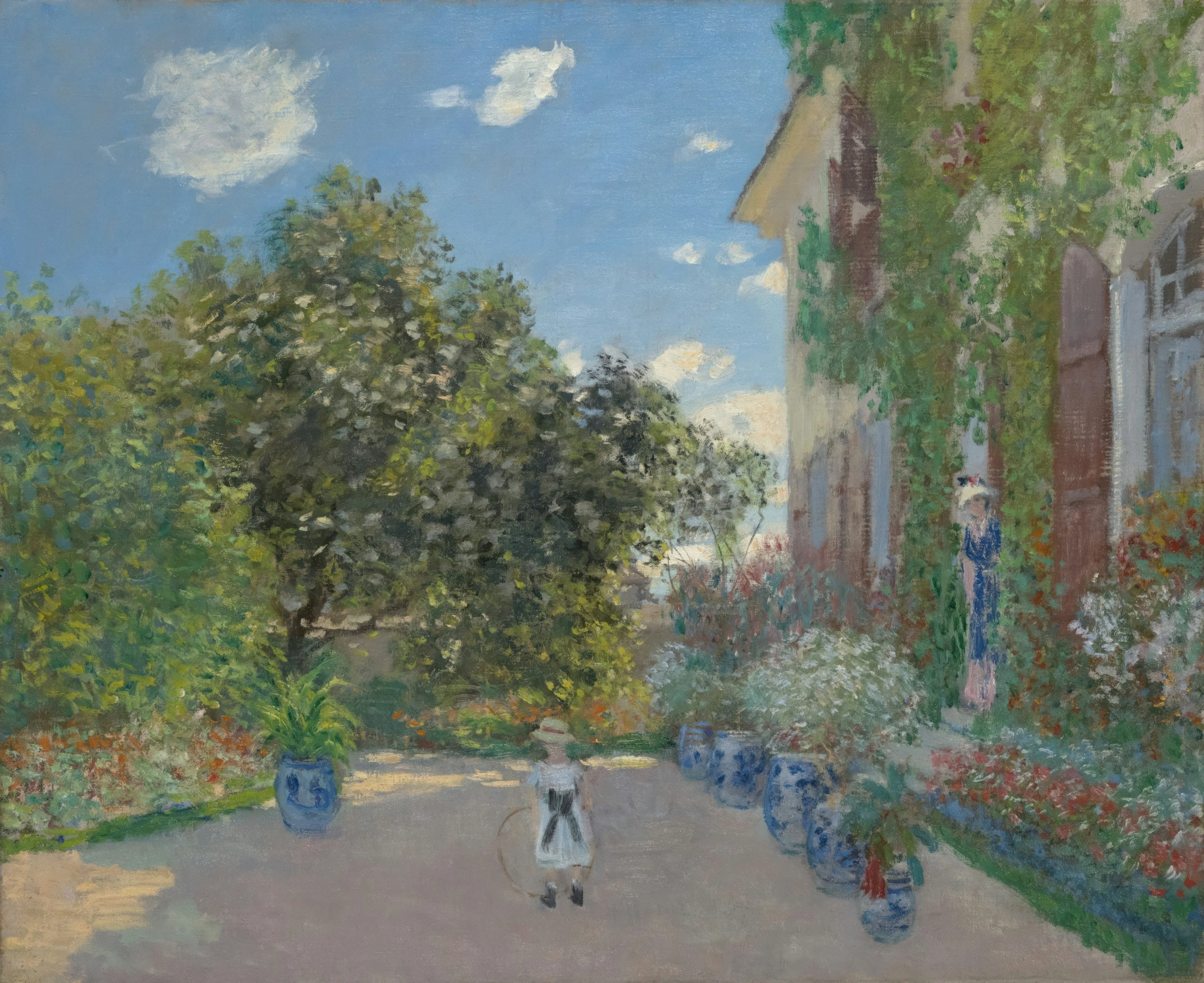 A colorful painting of a garden scene with trees, a pathway, and potted plants, featuring a bench and a dog in the foreground.