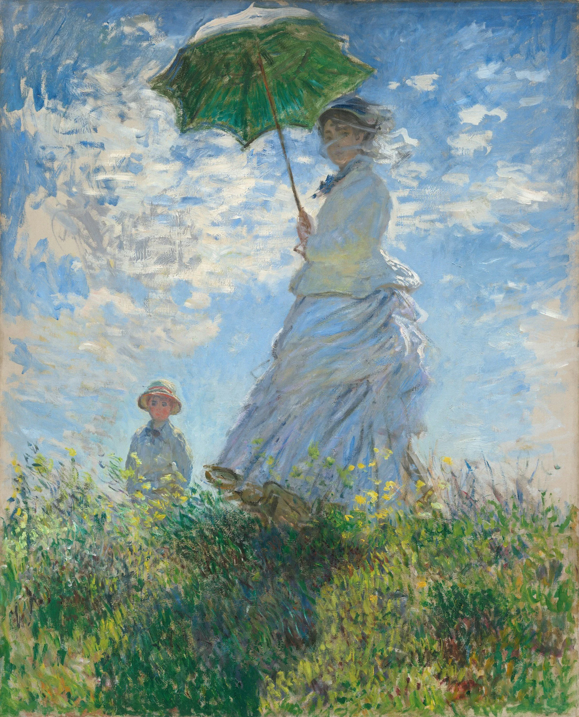 An impressionist painting of a woman walking outdoors in a meadow under a bright blue sky with fluffy clouds, holding a green umbrella, with a child nearby wearing a hat.