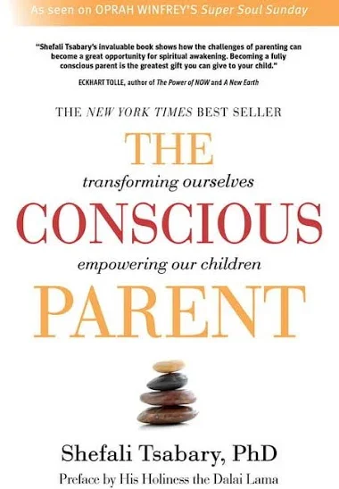 Cover of a book titled 'The Conscious Parent' by Shefali Tsabary, PhD, with a stack of stones in the center and quotes praising the book at the top.
