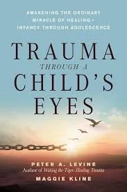 Book cover titled 'Trauma Through a Child's Eyes' by Peter A. Levine and Magda Kline, featuring a sky with birds and a chain at the bottom.