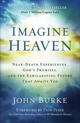 Book cover titled 'Imagine Heaven' by John Burke with a background of clouds and sunlight.