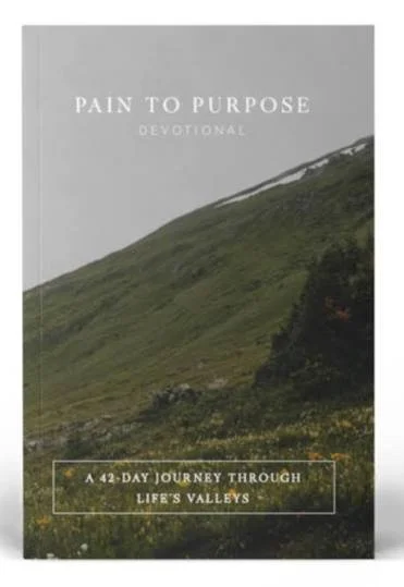 Book cover titled 'Pain to Purpose' with a photo of a green grassy hillside and cloudy sky.