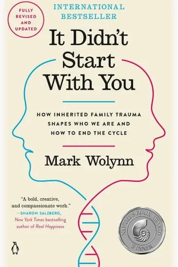 Cover of the book titled 'It Didn't Start With You' by Mark Wolynn, featuring a stylized illustration of two human profiles facing each other with a DNA helix connecting them.
