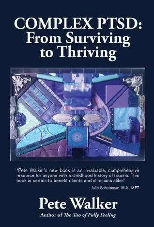 Cover of the book 'Complex PTSD: From Surviving to Thriving' by Pete Walker, featuring a collage of various shades of blue, purple, and teal with abstract shapes.