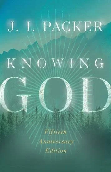 Book cover for "Knowing God" by J.I. Packer, Fiftieth Anniversary Edition, featuring a teal background with radiating lines.