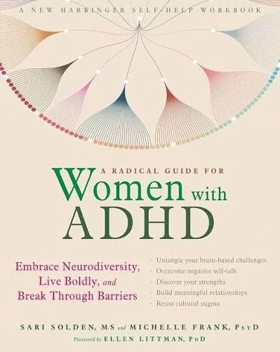 Book cover titled 'A Radical Guide for Women with ADHD,' featuring a stylized flower or mandala with pastel colors and dotted lines around its petals.