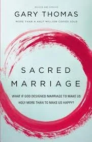 Book cover titled 'Sacred Marriage' by Gary Thomas with a pink circular brushstroke on a light blue background.