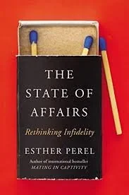 Book titled 'The State of Affairs' lying on a red surface with red, blue, and yellow pens nearby.
