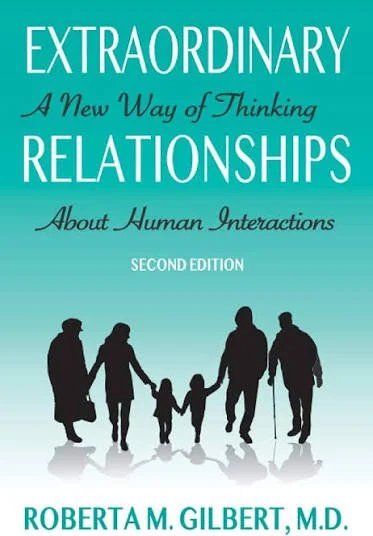 Book cover titled "Extraordinary Relationships: A New Way of Thinking About Human Interactions," second edition by Roberta M. Gilbert, M.D. Features silhouettes of a multi-generational family holding hands.