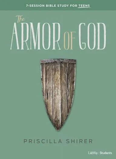 Book cover titled "The Armor of God" by Priscilla Shirer, featuring a wooden shield on a green background.