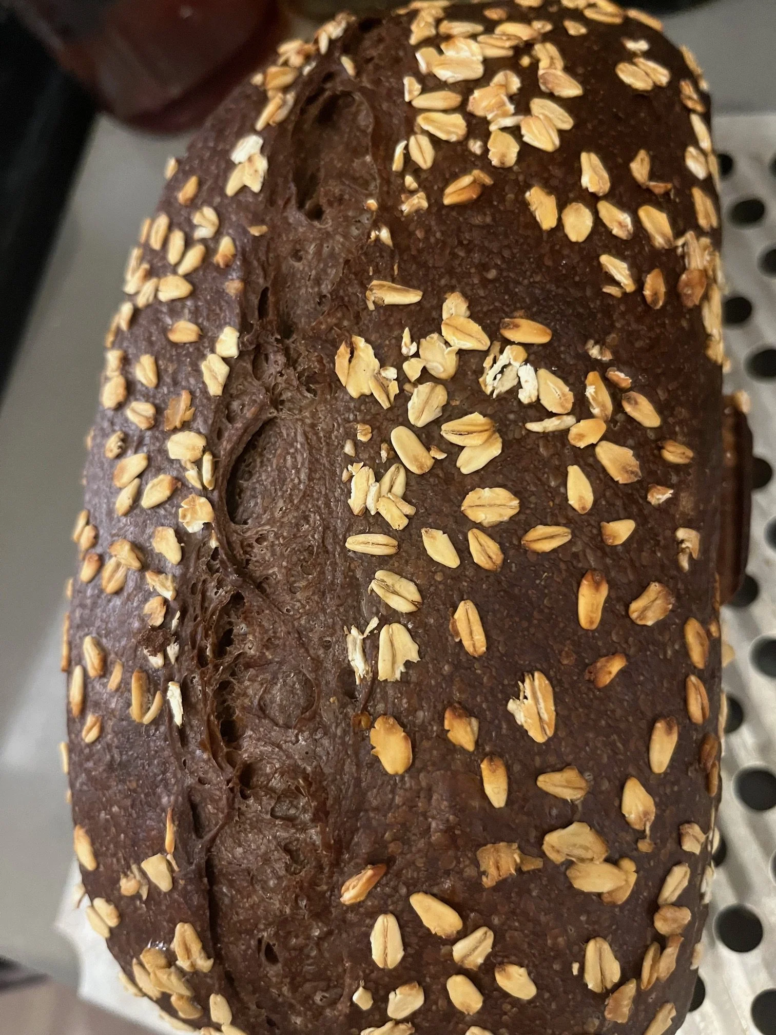 Close-up of a chocolate cake topped with chopped nuts, likely almonds or peanuts.