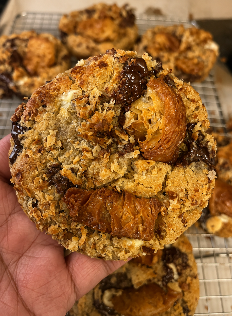 Close-up of a homemade cookie with chocolate chips, dried fruit, and a crumbly topping, held in hand with a cooling rack of similar cookies in the background.