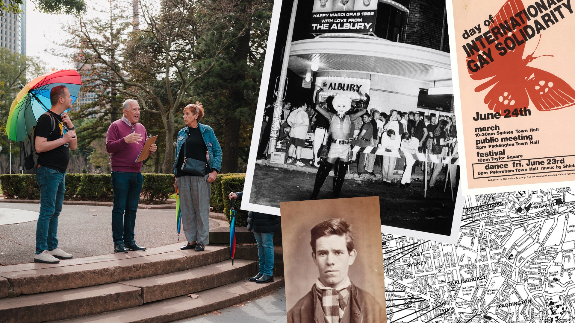 A street scene showing three people, two women and a man, having a conversation. The man is holding a rainbow umbrella, and the woman in the middle has a rainbow umbrella leaning on her. There are leafless trees and a cityscape in the background. Overlaid on the scene are black-and-white and colored posters advertising events, including a Mardi Gras celebration, an international gay solidarity day, and various city maps.