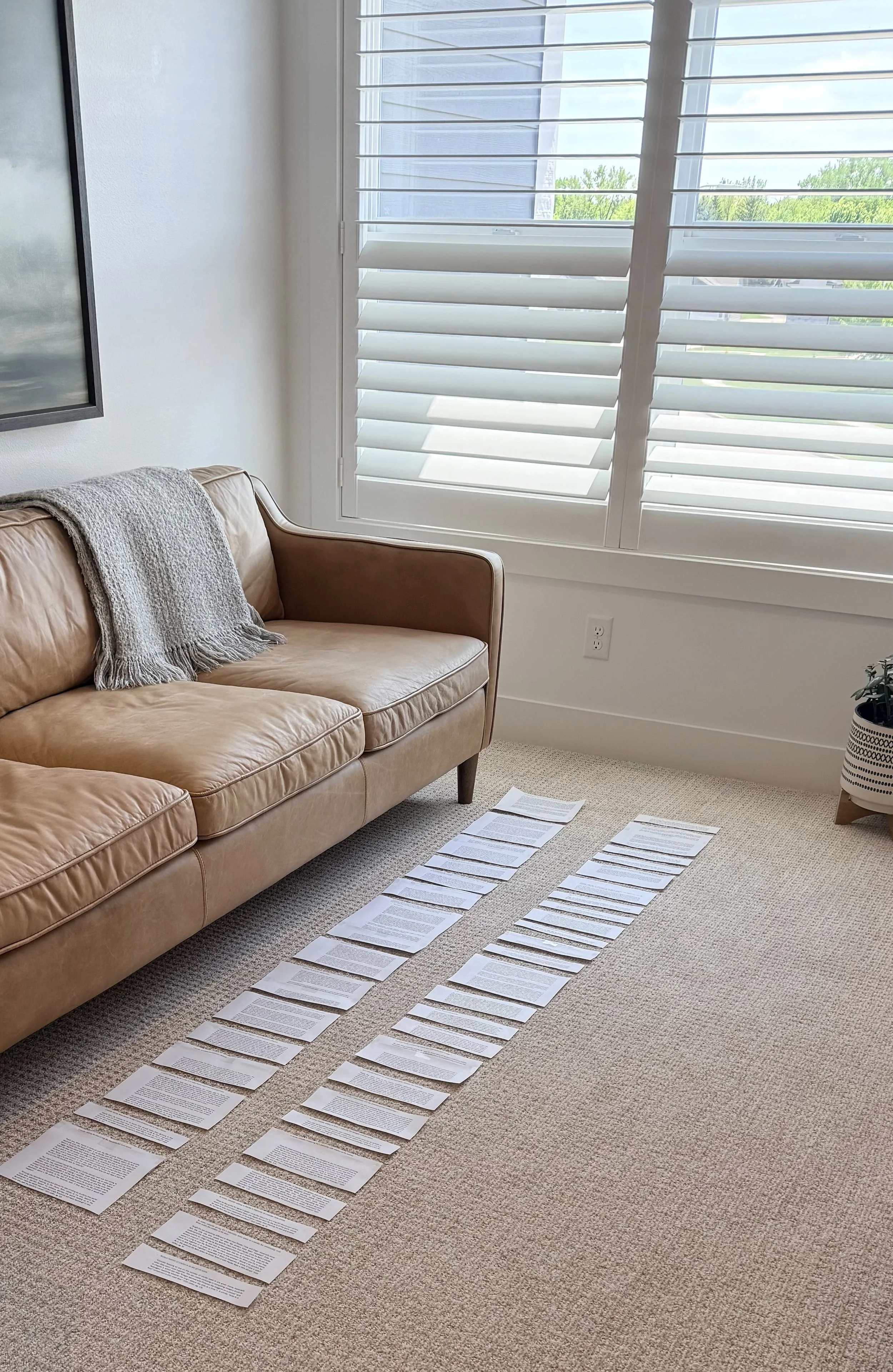Living room with a brown leather sofa partially covered by a gray knit blanket, positioned near a wall with a framed picture, large window with white shutters showing outdoor greenery, beige carpeted floor with scattered sheets of paper arranged in a grid pattern.